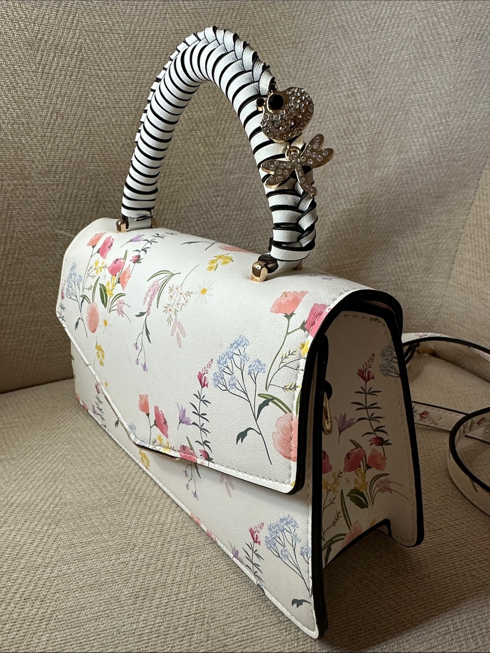 ALDO White Floral Satchel with Striped Wrapped Handle With Butterfly and Bee 🐝 - Picture 14 of 15